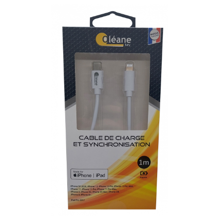 Câble de CHARGE et SYNCHRONISATION Type-C vers Lightning certifié MFI Apple 1m Oléane key