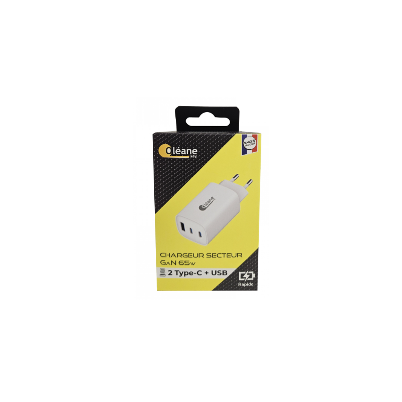 Chargeur secteur GaN 65W 3 ports TYPE-C + 2 USB Oléane Key