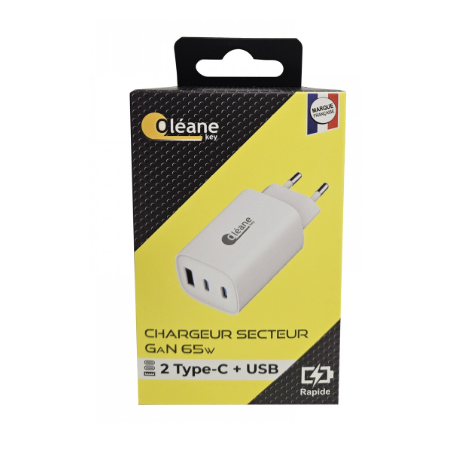 Chargeur secteur GaN 65W 3 ports TYPE-C + 2 USB Oléane Key
